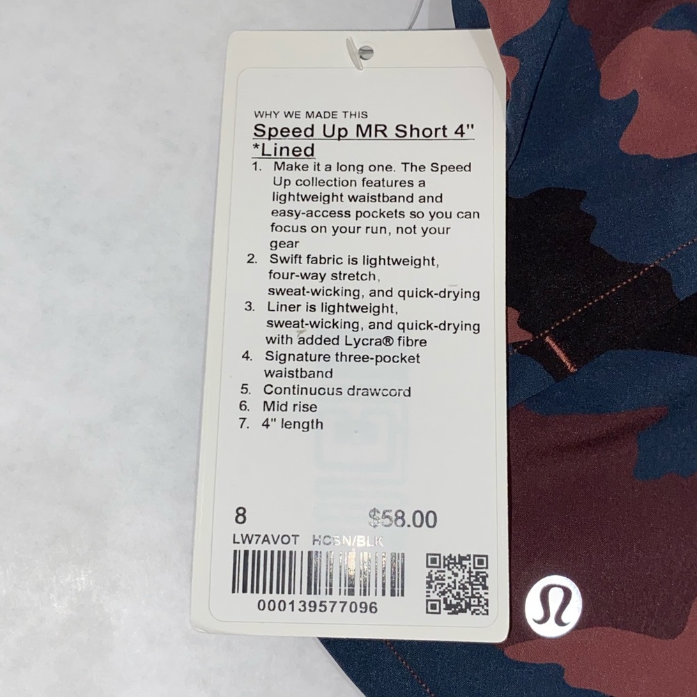 LULULEMON NWT
Speed Up MR 4" Short Heritage Camo Smoky Red Night Sea  lined 8